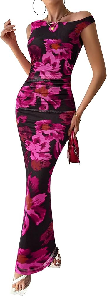 PRETTYGARDEN Women's 2025 Summer Floral One Shoulder Maxi Dress Wedding Guest Ruched Mesh Bodycon... | Amazon (US)