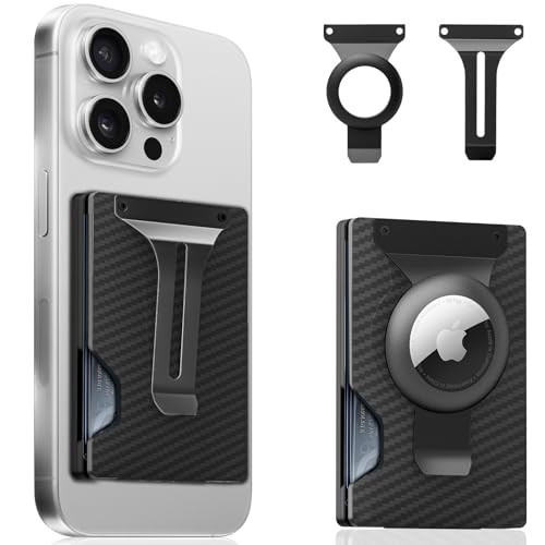 Magnetic Phone Wallet Compatible with Apple MagSafe - Metal Card Holder with AirTag Holder, RFID Blocking & Money Clip Mag Safe Wallet for iPhone 16 15 14 13 12 Pro Max/Pro/Plus/Mini, Carbon Fiber | Amazon (US)