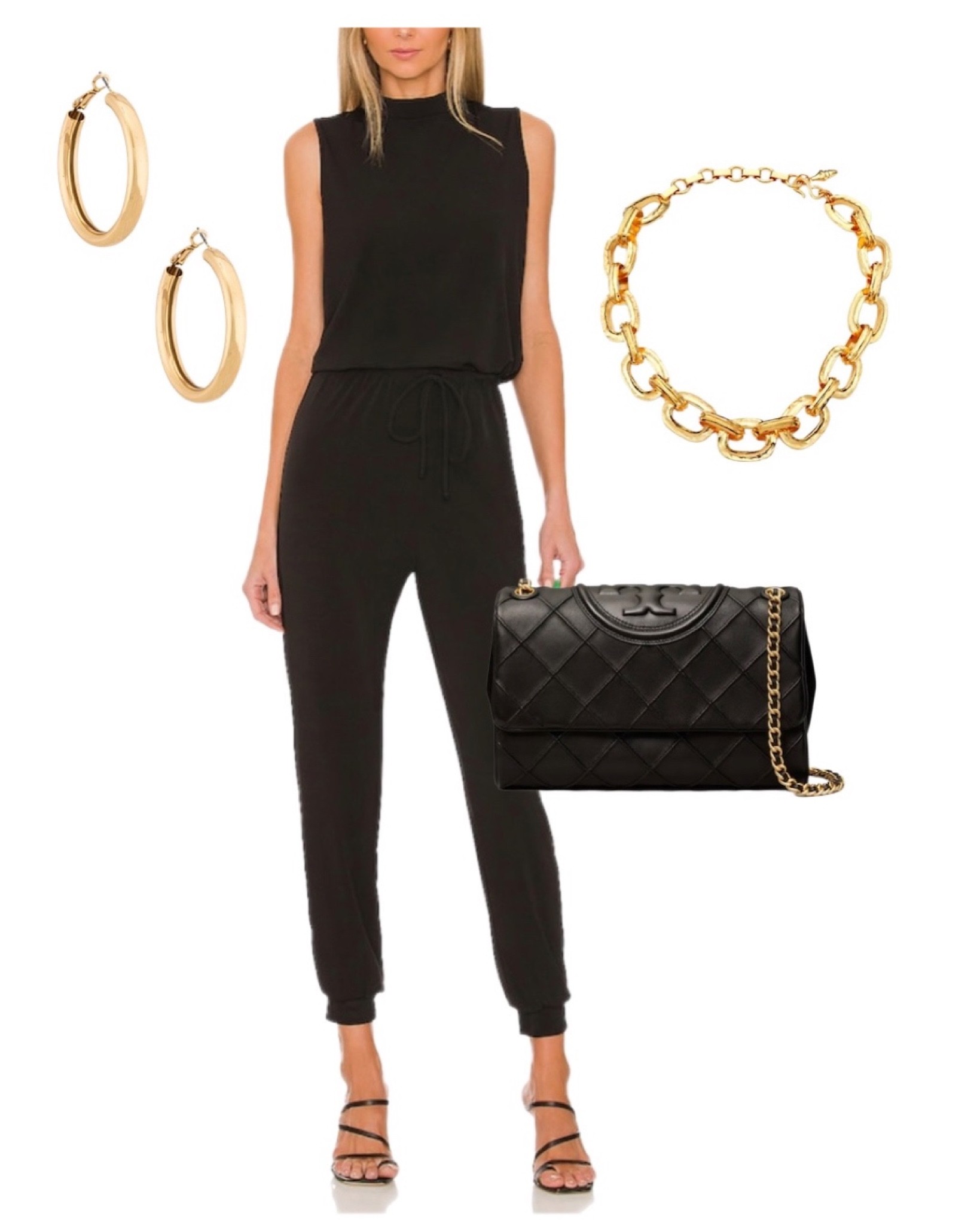 Black jumpsuit, Tory Burch bag, gold necklace and gold earrings 

#LTKSeasonal #LTKshoecrush #LTKitbag