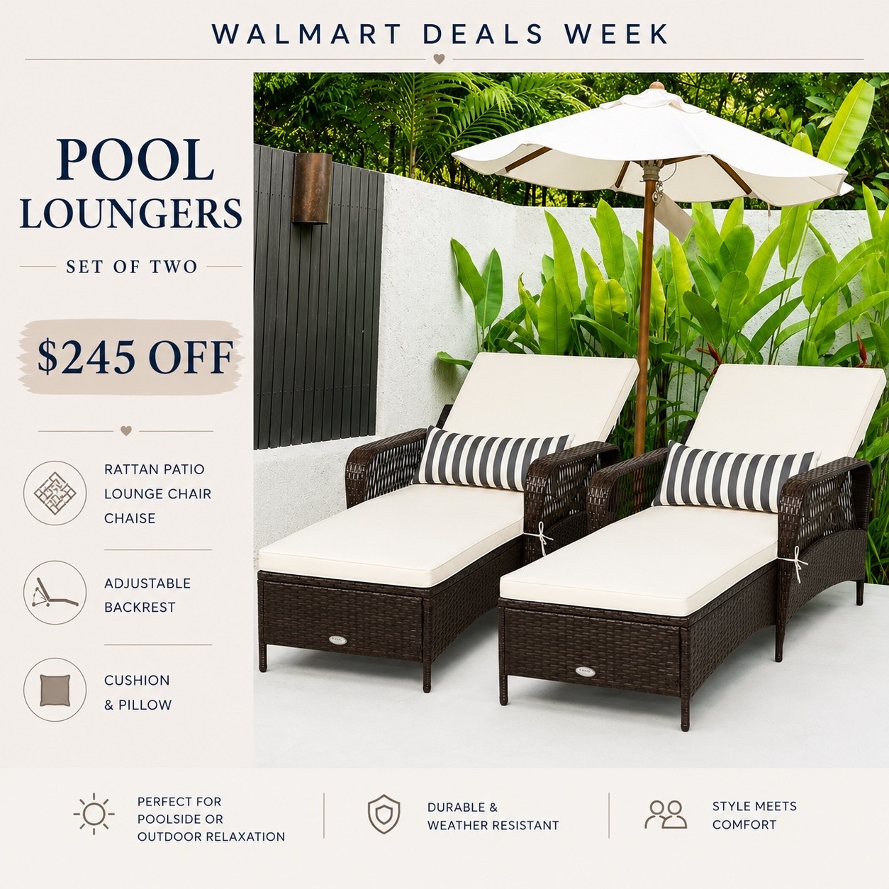 These Rattan pool lounge chairs are gorgeous! And on such a great sale for Walmart Deals Week! Comes in a set of two with the cushion and pillow! Deals end this Sunday!

#LTKHome #LTKSaleAlert #LTKSeasonal