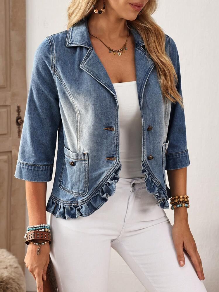 EMERY ROSE Women Lapel Neck 3/4 Sleeve Frill Hem Casual Denim Jacket | SHEIN