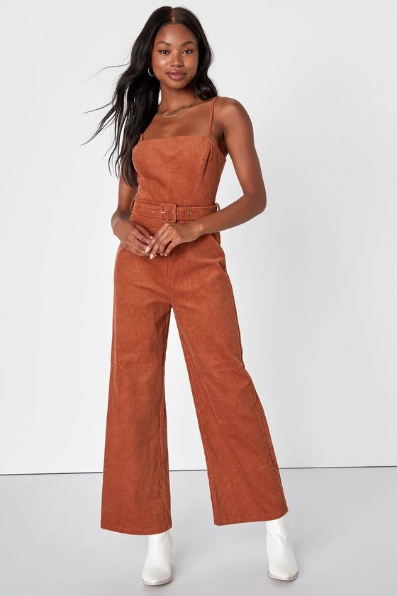 Seasonal Charm Rust Orange Corduroy Belted Wide-Leg Jumpsuit | Lulus (US)