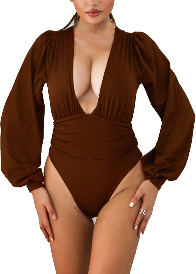 Weigou Women Jumpsuits Long Sleeve V Neck Pleated Loose Bodysuits Tops For Women Leotard Shirts | Amazon (US)