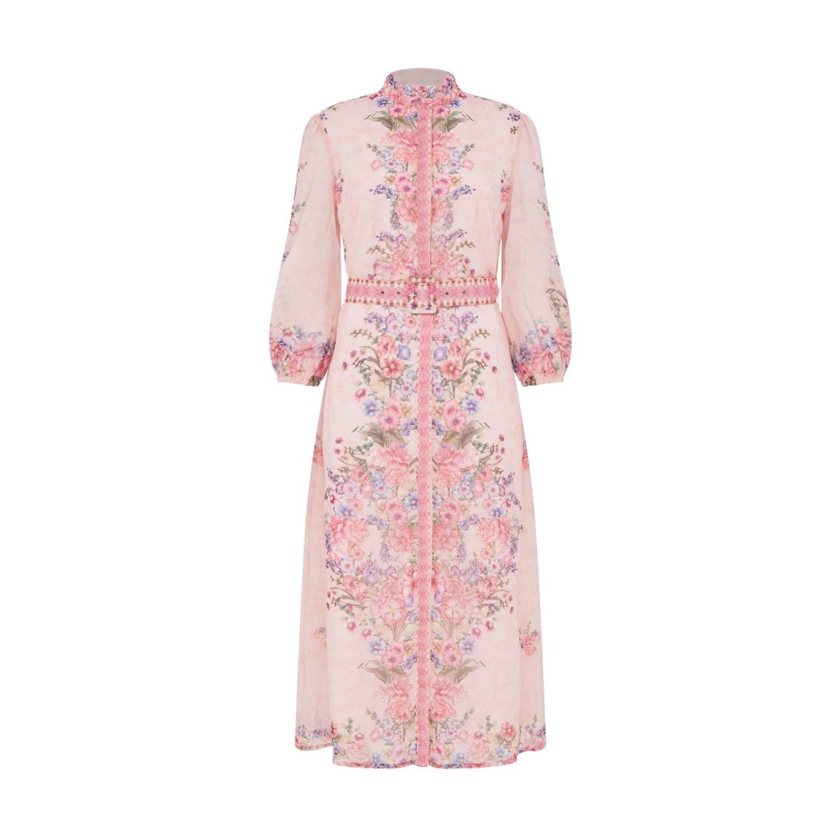 Pink Rose Floral half Length Sleeve Belted Midi Shirt Dress | Wolf & Badger (US)