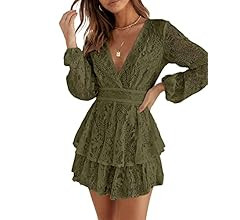 Amazon.com: Okiwam Women's Rompers Long Sleeve V Neck Waist Tie Floral Lace Wrap Mini Dress Rompe... | Amazon (US)
