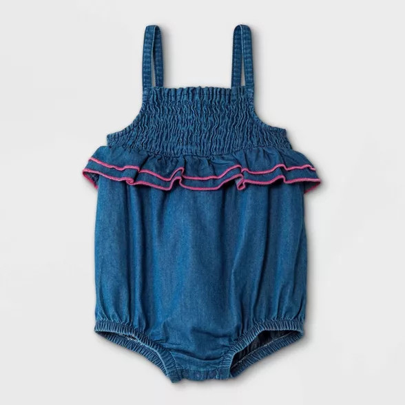 Baby Girls' Denim Romper with Smocking - Cat & Jack™ Blue | Target
