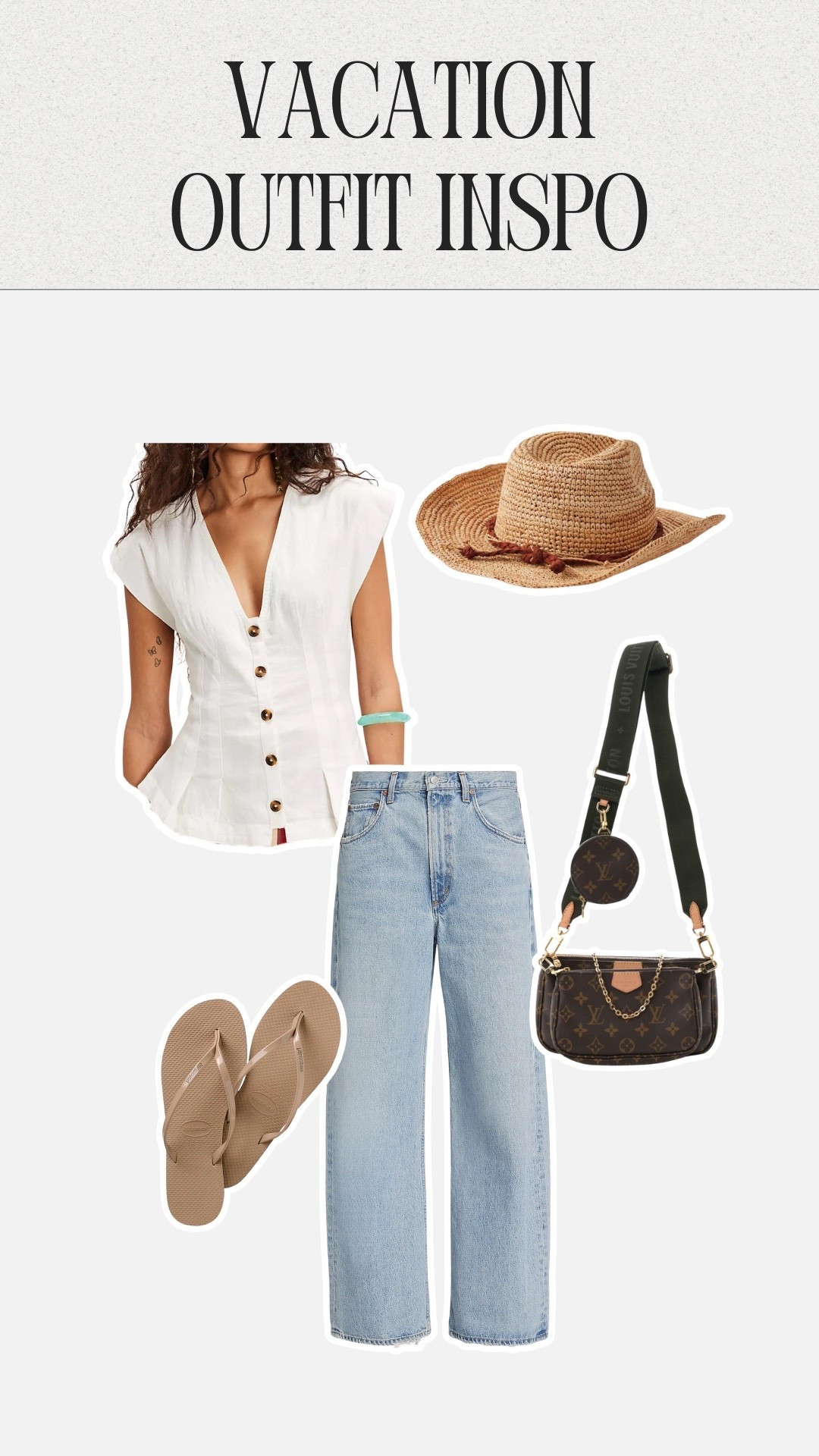 Vacation Outfit Inspo: White Linen Top/Vest, your favorite wide leg denim jeans, a bag, sandals and a summery straw hat!

#LTKMidsize #LTKSeasonal #LTKStyleTip
