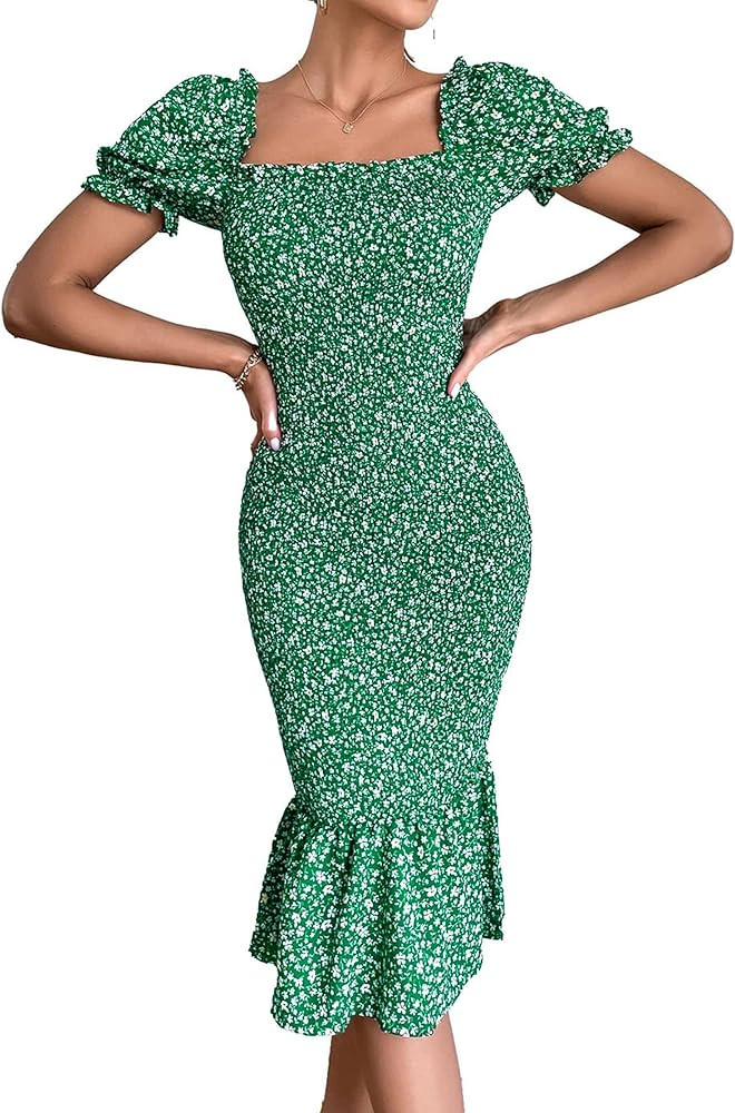 PRETTYGARDEN Summer Floral Bodycon Midi Dresses 2025 Puff Sleeve Mermaid Cocktail Baby Shower Pho... | Amazon (US)