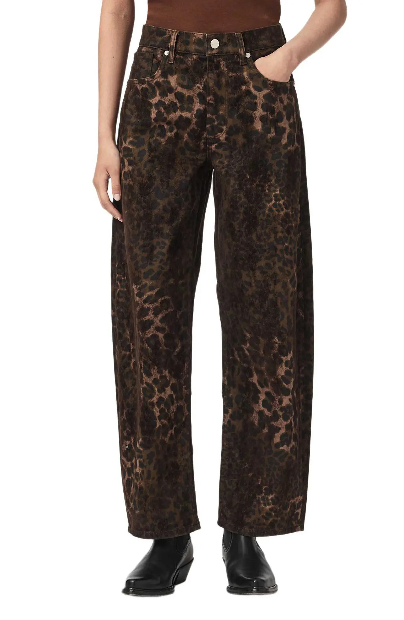 AllSaints Sadie Leopard Print Barrel Leg Jeans in Leppo Brown at Nordstrom, Size 24 | Nordstrom