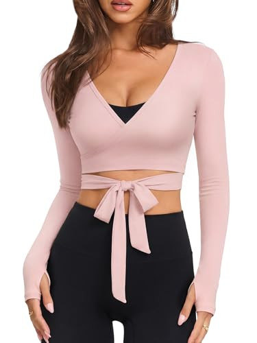 INNO MINT Ballet Wrap Top for Women, Long Sleeve Workout Cropped Yoga Pilates Cover Up, V Neck Fitted Gym Dance Layering Tie Tops | Amazon (US)