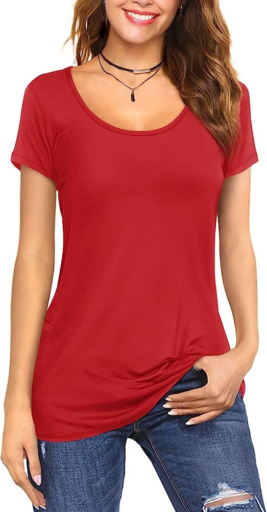 Amoretu Womens Scoop Neck Short/Long Sleeve Tee Tops Cotton T-Shirts Blouses | Amazon (US)