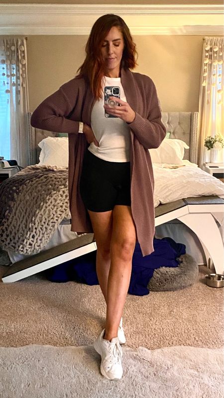 Check out this athleisure wear look with my new fabletics shorts. Paired with this Lululemon white tee and duster cardigan from Amazon. The perfect mix of styles and comfort for working out or lounging!

#LTKstyletip #LTKfindsunder100 #LTKfitness