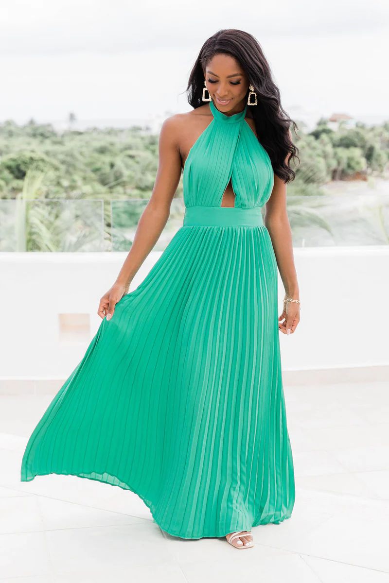 Sunny Gleam Green Accordion Halter Maxi Dress | The Pink Lily Boutique