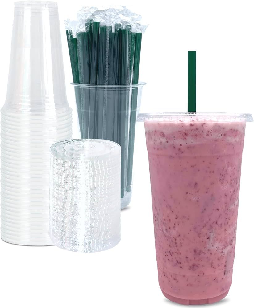 32 oz Clear Plastic Cups with Lids and STRAWS, Disposable Drinking Cups for Cold Drinks, Iced Cof... | Amazon (US)