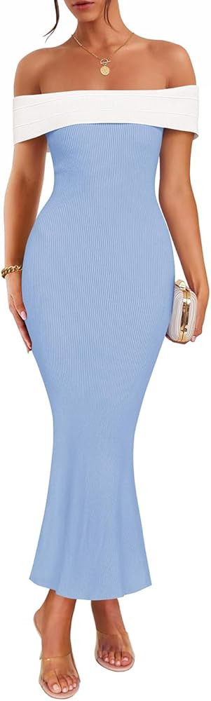 ZESICA Women's 2025 Summer Off The Shoulder Knit Maxi Dresses Sleeveless Color Block Formal Party... | Amazon (US)