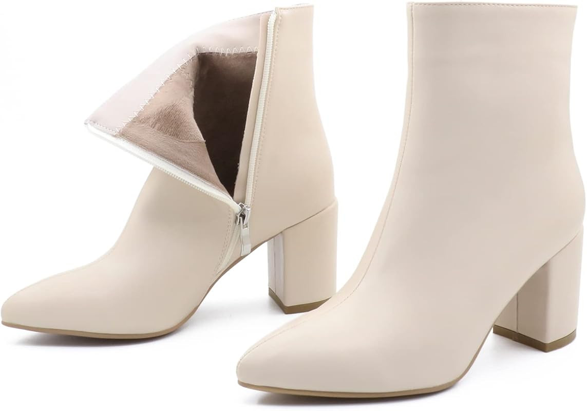 Women's Ankle Boots Chunky Block Heel Pointed Toe Zipper Boots | Amazon (US)