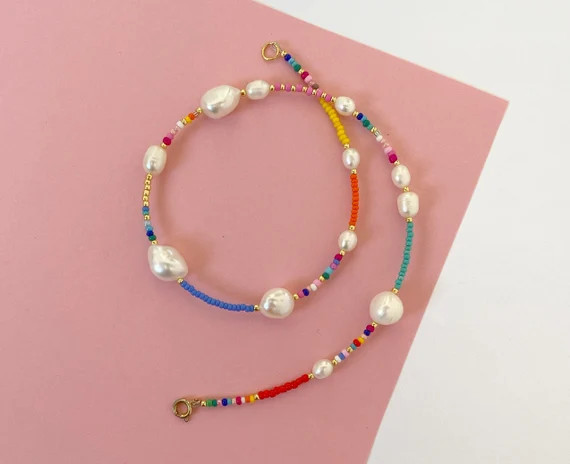 14k GOLD FILLED Colorful Pearl Seed Bead Necklace/beaded Pearl - Etsy | Etsy (US)