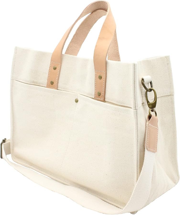 Natural Canvas Tote Bag Genuine Leather Handles with Crossbody Strap Multiple Pockets Natural Lig... | Amazon (US)