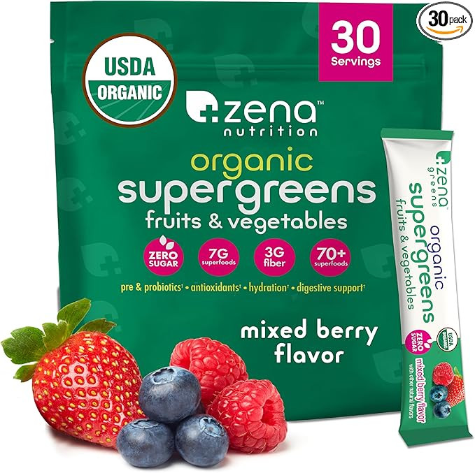 Zena Nutrition Organic Super Greens Powder, 70+ Superfoods, 0 Sugar, 3g Fiber, Spirulina, Chlorel... | Amazon (US)