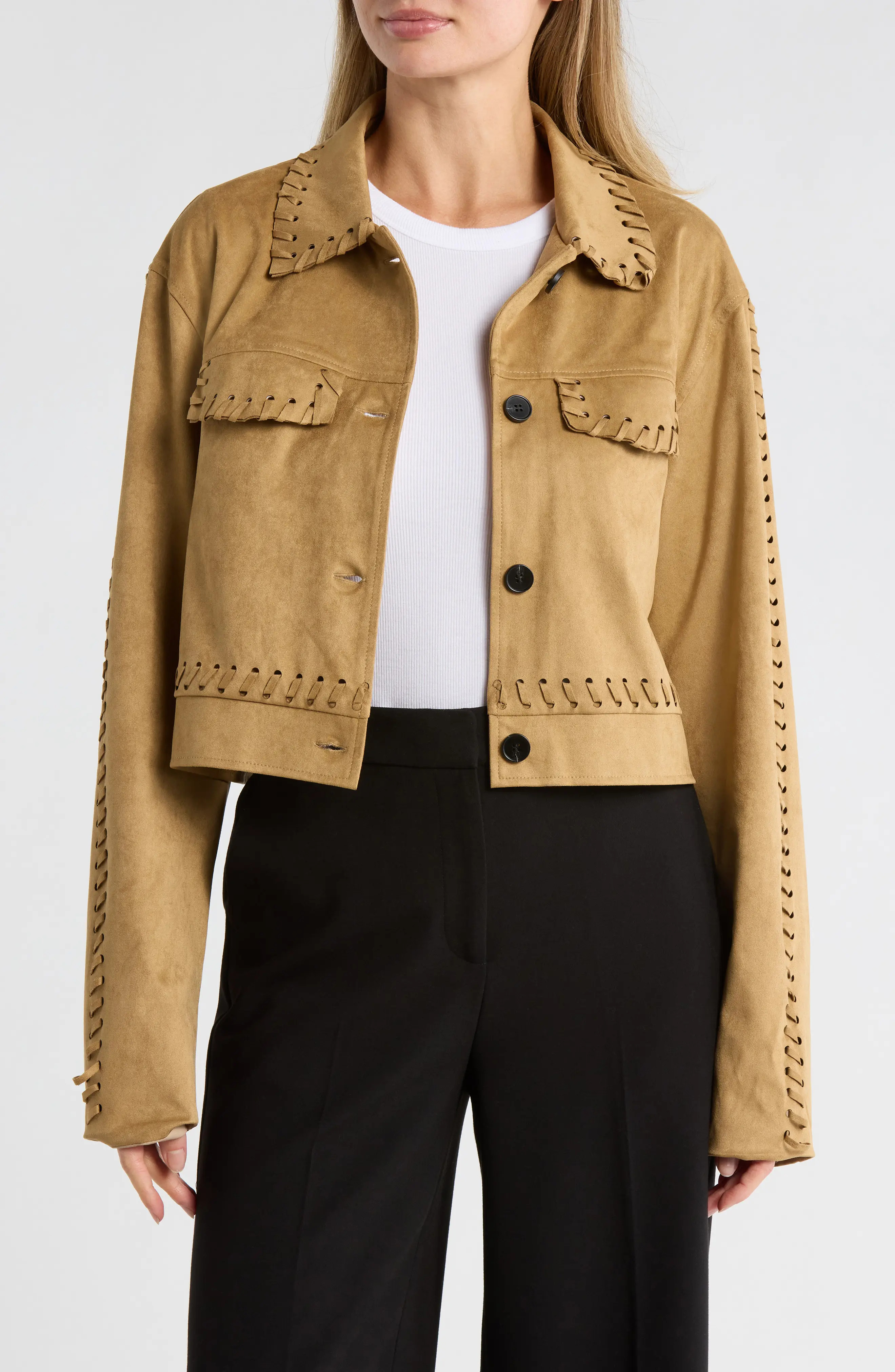 AREA STARS Wren Faux Suede Whipstitched Crop Jacket in Tan at Nordstrom Rack, Size X-Small | Nordstrom Rack