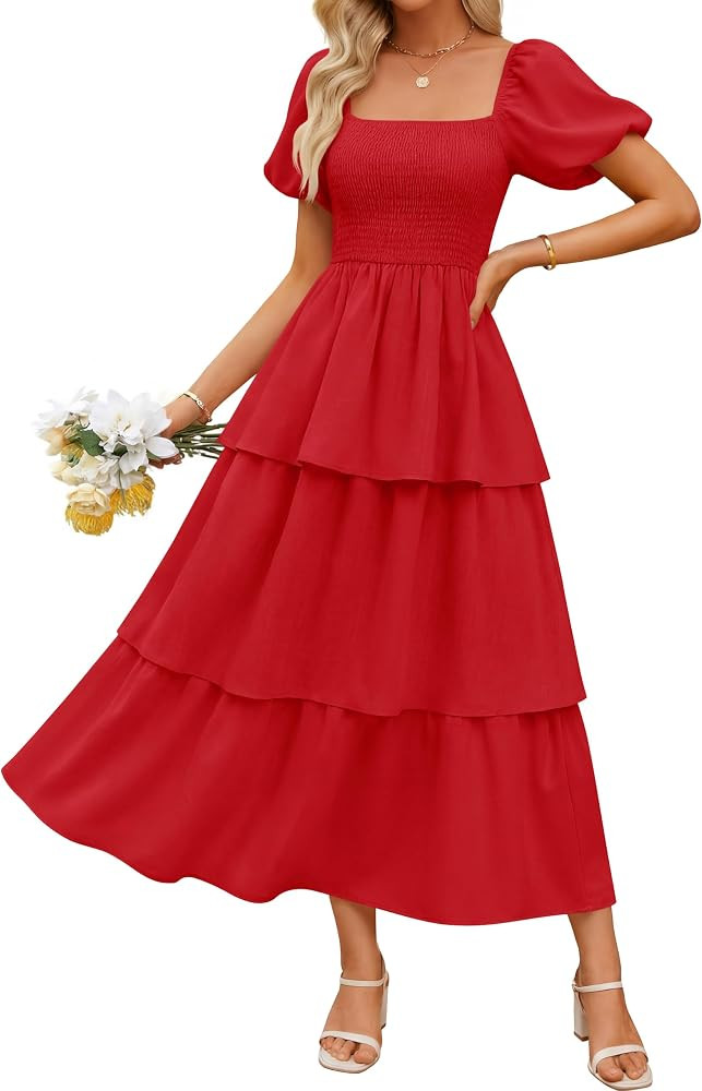 ZESICA Womens Summer Short Puff Sleeve Flowy Tiered Midi Dress | Amazon (US)