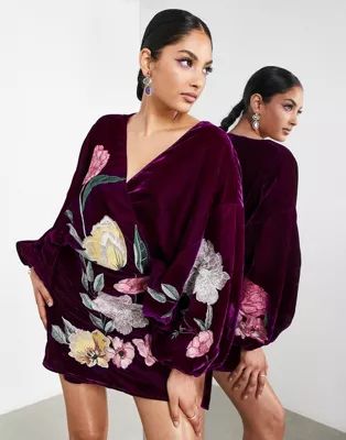 ASOS EDITION velvet wrap mini dress in dahlia floral embroidery in wine | ASOS (Global)