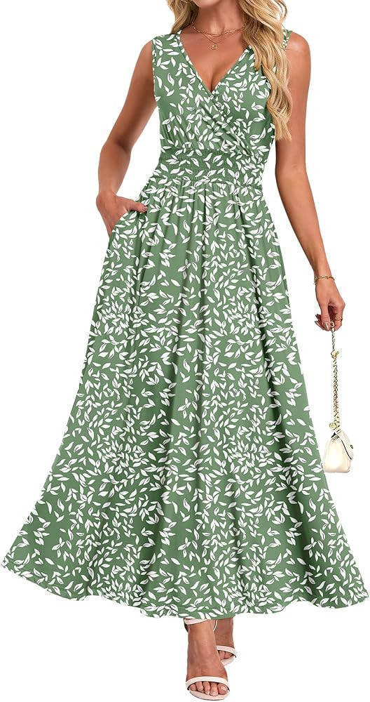 AUSELILY Summer Dresses for Women Floral Maxi Dress V Neck Smocked Tiered Beach Vacation Sundress... | Amazon (US)