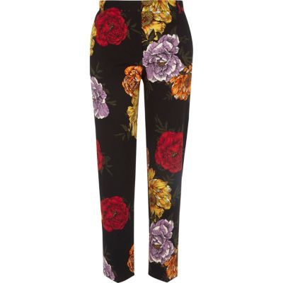 Zwarte cropped slim-fit broek met bloemenprint | River Island SE