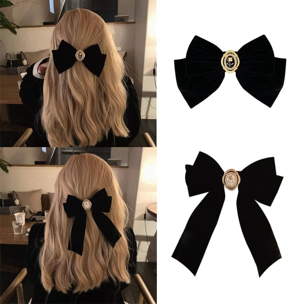 Velvet Hair Bows Black Ribbon Clips Classic ponytail Barrettes Accessories Rose pearl Elegant Des... | Amazon (US)