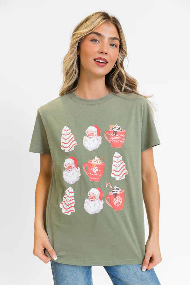Santa Christmas Cakes Olive Oversized Graphic Tee | Pink Lily