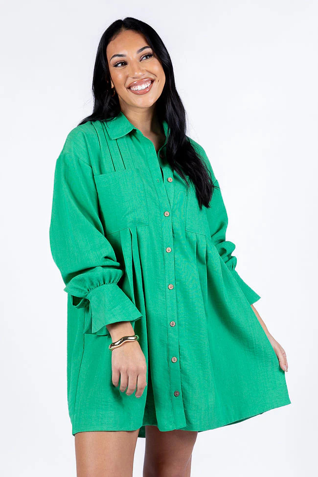 Write This Down Green Button Up Shirt Dress | Pink Lily