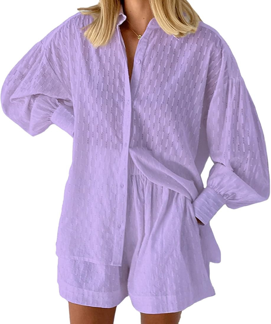 HAPCOPE Women's 2 Piece Outfits Oversized Long Puff Sleeve Blouse Shirt High Waisted Side Pocket ... | Amazon (US)