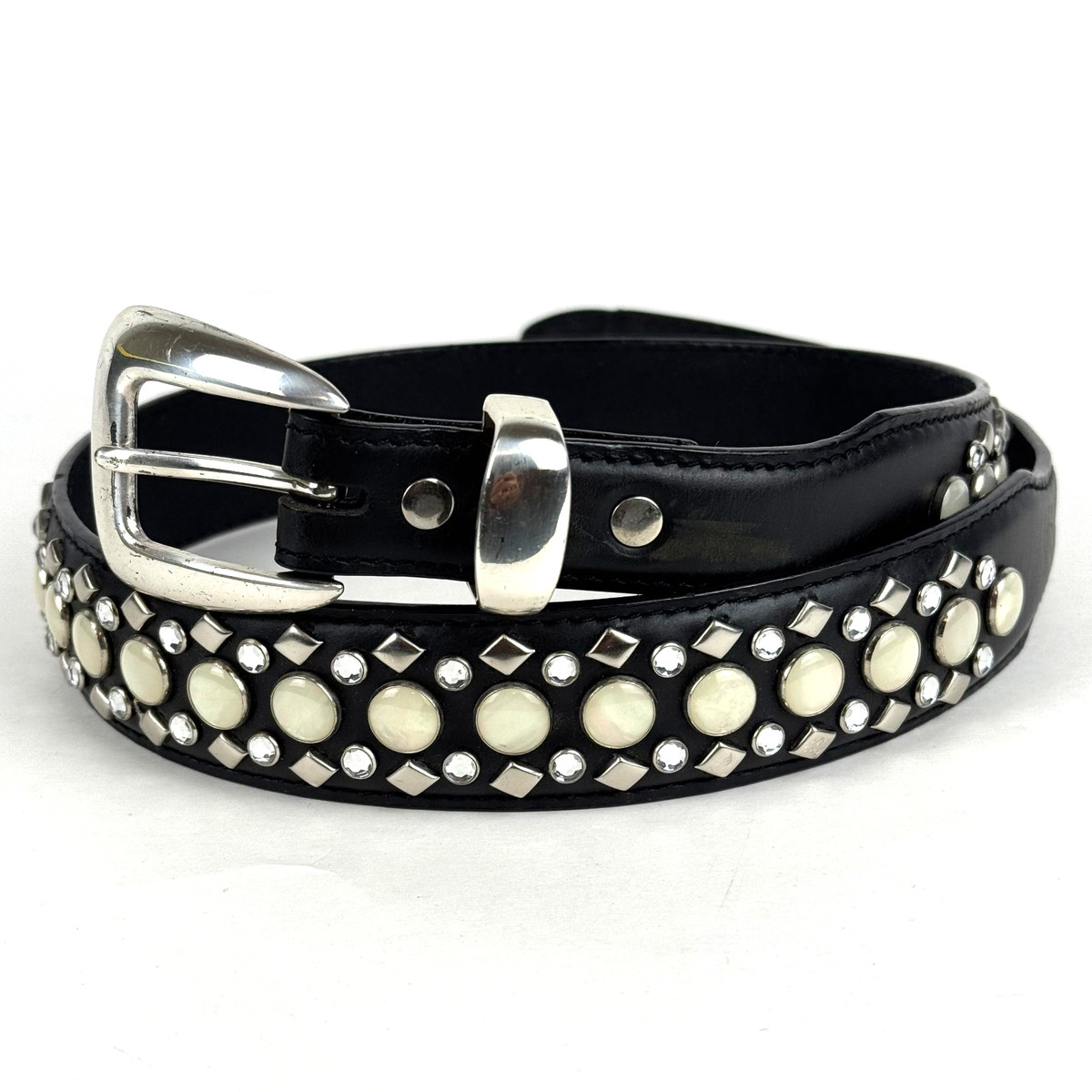 Vintage 1996 30 Waist Black Leather Studded Opal Pearl Rhinestone Western Belt | eBay US