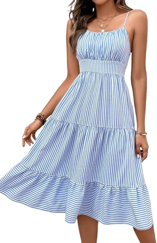 TOOSIS Womens 2025 Summer Short Dress High Waist Sleeveless Striped Ruffle Hem Dress | Amazon (US)