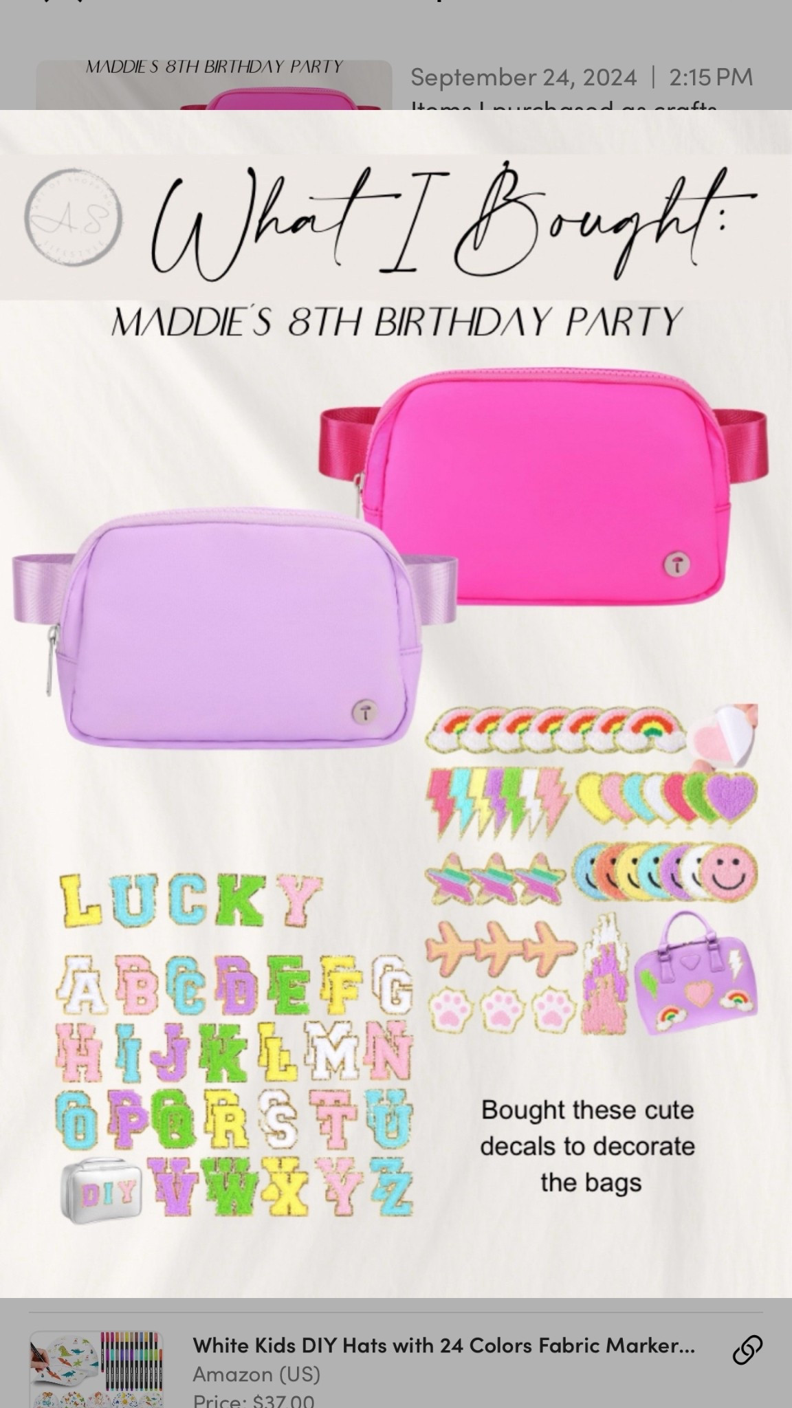 Items I purchased as crafts for my daughter’s 8th birthday party. The children decorated bags that I purchased on Amazon that looked like lululemon. They loved them!!  Great activity for kids. 

Girl birthday. Lululemon crossbody. Amazon find. Tween  

#LTKFamily #LTKFindsUnder50 #LTKKids