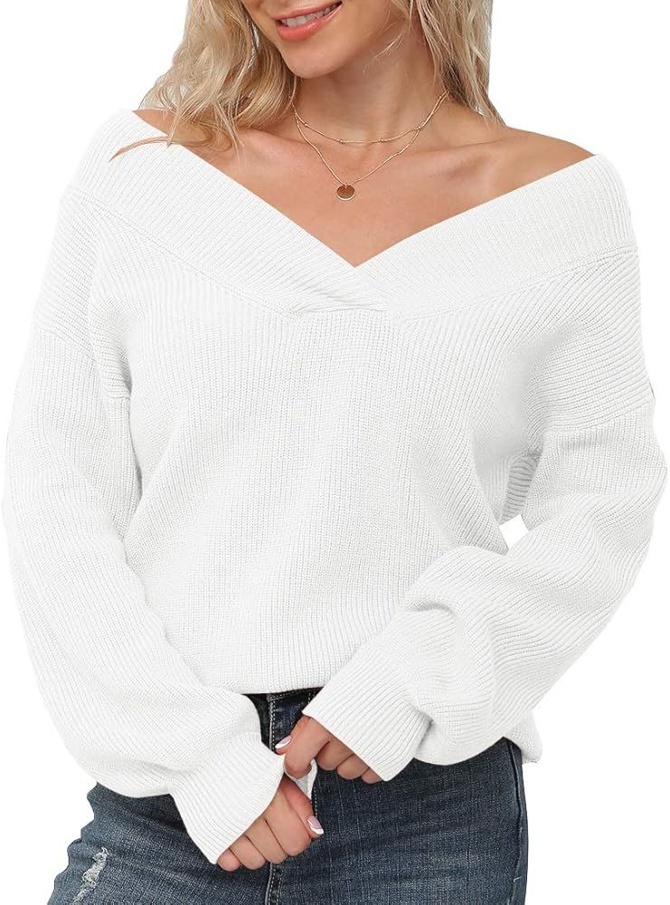 Women's Off Shoulder Sweater V-Neck Long Sleeve Loose Pullover Knit Jumper | Amazon (US)