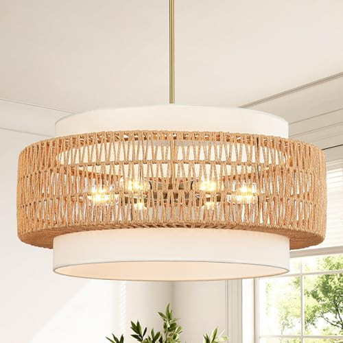 6-Light Boho Rattan Chandelier, 25.6" Large Rattan Pendant Light with Fabric Shade, Farmhouse Hand Woven Chandelier Hanging Ceiling Light for Dining Room, Living Room, Kitchen Island, Foyer, Hallway | Amazon (US)