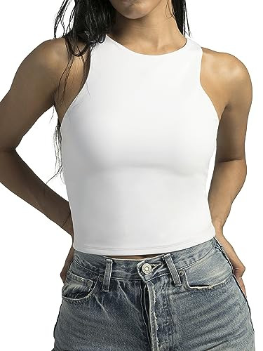 Colorfulkoala Women's Tank Tops Body Contour Sleeveless Crop Double Lined Yoga Shirts (XS, White) | Amazon (US)
