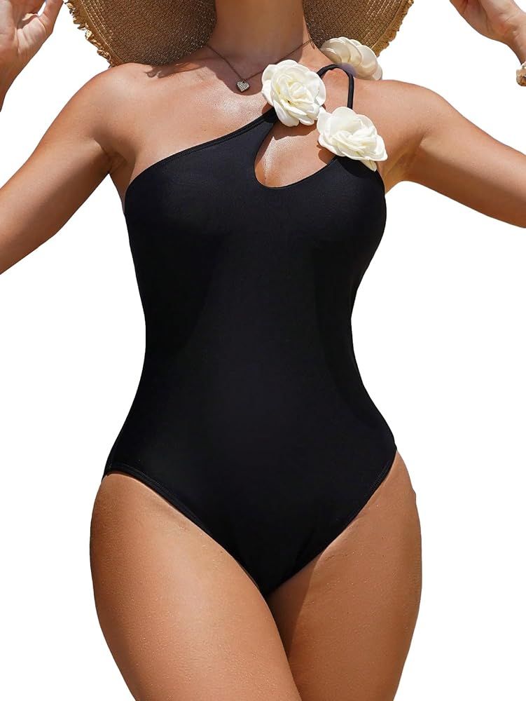 Floerns Women's One Piece Swimsuit Cut Out Front Floral Appliques Monokini Swimwear | Amazon (US)