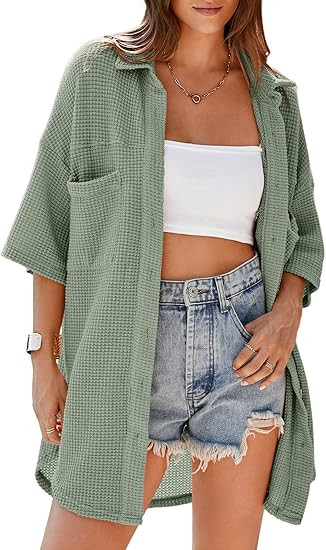 Dokotoo Womens Waffle Knit Tops Casual 3/4 Bell Sleeve Button Down Shirts Lapel V Neck Dressy Blo... | Amazon (US)