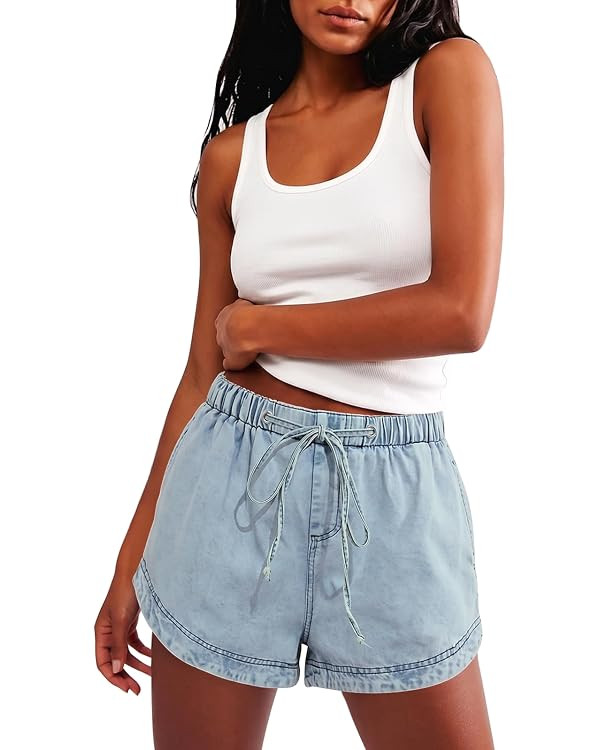 Womens Denim Shorts Summer Wide Leg Acid Wash Drawstring Stretchy Trendy Casual Jean Short | Amazon (US)