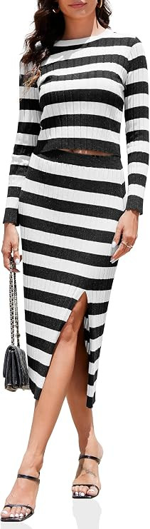 Wenrine Women's 2 Piece Maxi Skirt Sets Striped Long Sleeve Sweater Top and High Waisted Long Ski... | Amazon (US)