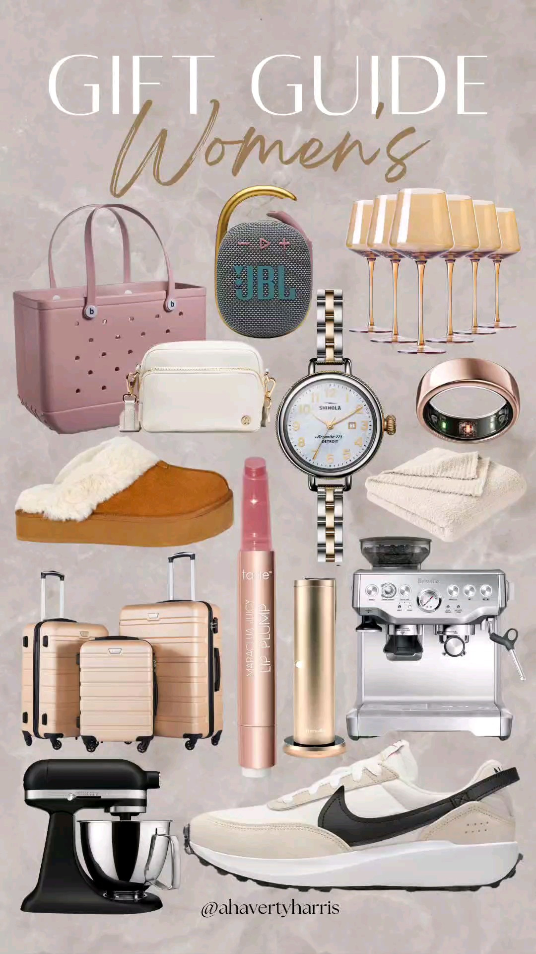 Women's Gift Guide - gifts for her - you, your sister,  your mom, or your best friend. Lots of Amazon finds and more including amber wine glasses, Bogg bag, aura ring, diffuser, slippers, speaker,  lululemon crossbody,  shinola watch,  sneakers, rose gold luggage, and the best tinted lip balm!

#LTKGiftGuide #LTKWatchNow #LTKSaleAlert