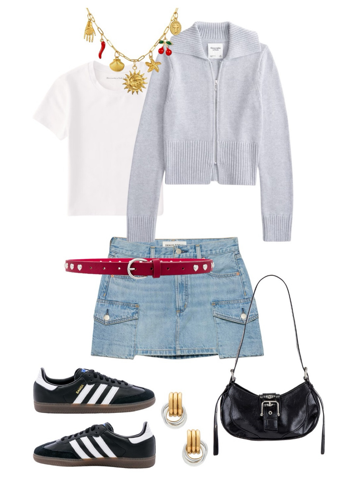 ✨ Casual Chic Fall Outfit Inspo ✨ Loving this stylish yet comfy look perfect for everyday wear! I'm pairing a cozy light gray zip-up cardigan with a classic white tee for those cooler days. The denim mini skirt adds a touch of effortless cool, complemented by a fun pop of color with the red heart belt. To complete the look, I chose black Adidas Samba sneakers for that sporty vibe, gold statement earrings for a hint of glam, and a trendy black mini shoulder bag that’s just the right size. The gold charm necklace adds the perfect touch of boho-chic! This outfit is great for a casual day out, brunch with friends, or running errands in style.

#FallOutfit #CasualChic #OOTD #LTKstyletip #DenimSkirtOutfit #AdidasSamba #CozyCardigan #EverydayFashion #MinimalistStyle #StreetStyle 

#LTKFindsUnder100 #LTKShoeCrush