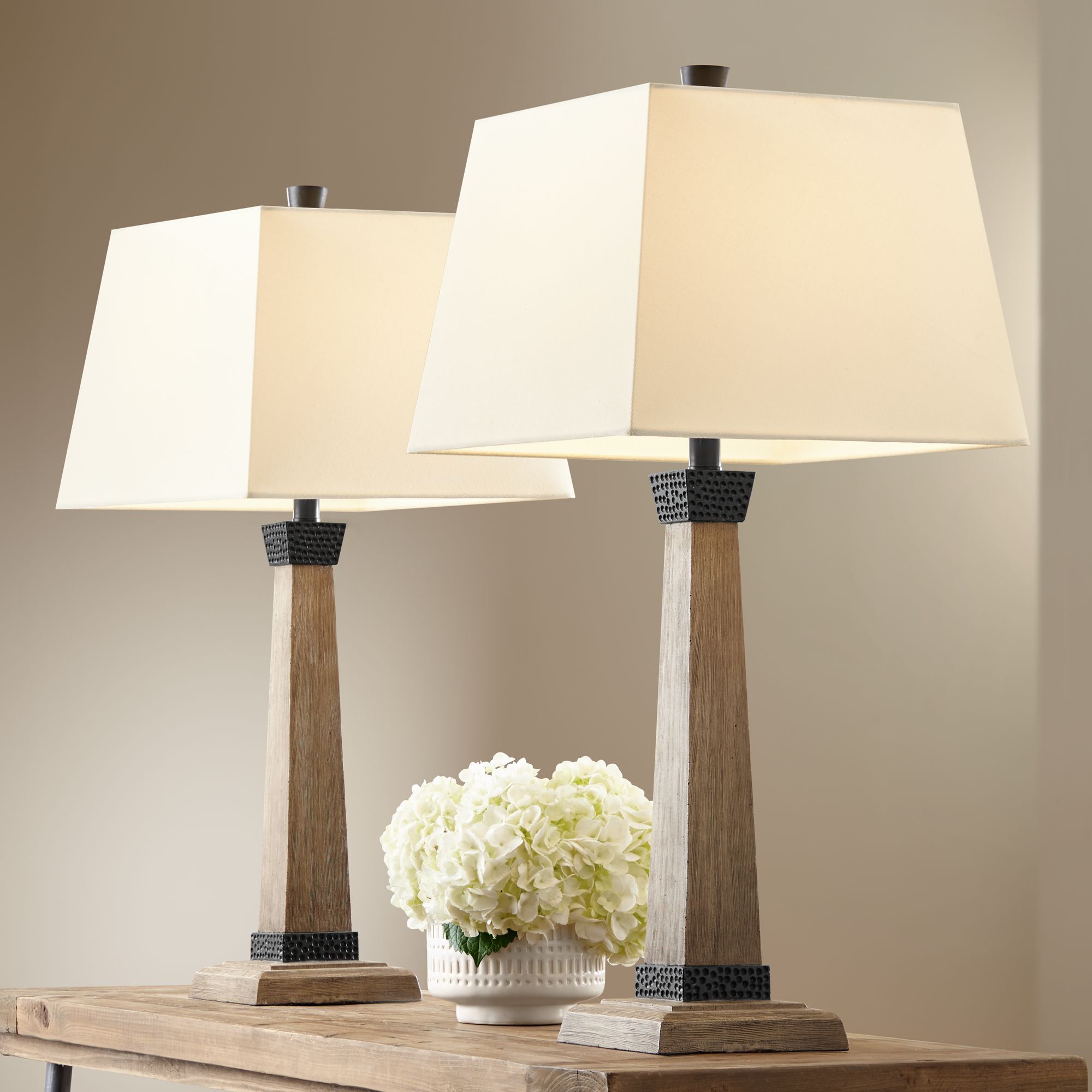 John Timberland Rustic Farmhouse Table Lamps Set of 2 Wood Oatmeal Square Tapered Shade for Livin... | Walmart (US)