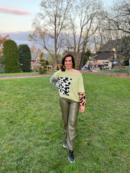 Fall Outfit - Leopard color block sweater (size small). Green Leather cargo pants (size 27). Black sneakers (size 8.5). #sweater #colorblocksweater #leopardsweater #cargopants #greenleatherpants #leatherpants #sneakers #blacksneakers #falloutfits #falloutfit  

#LTKstyletip #LTKSeasonal #LTKfindsunder100