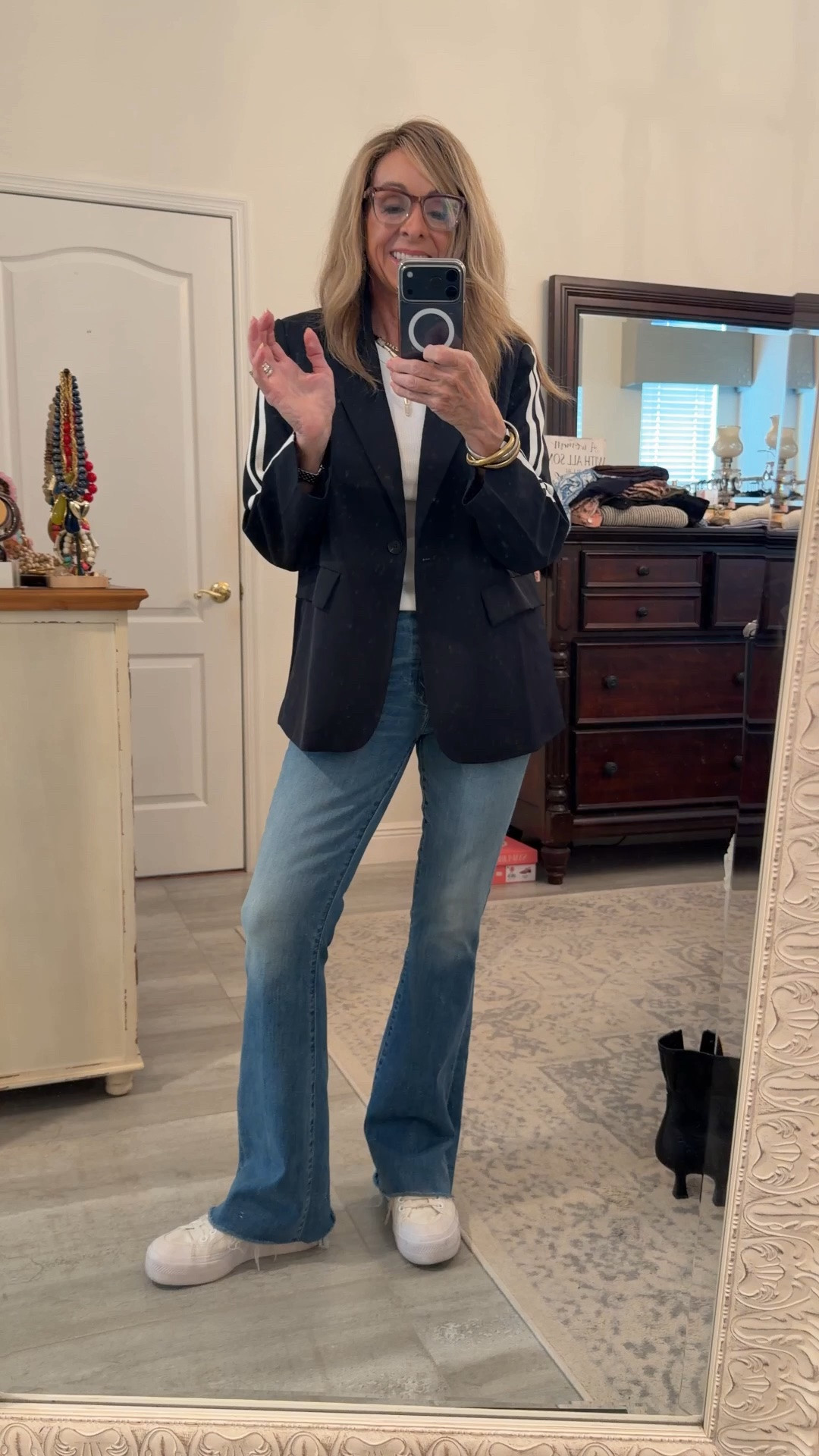 Blazers are not just for business! This sporty one with the stripes is so fun for a cool and casual but elevated look. Wearing a small. 
Fall fashion over 50

#LTKootd #LTKOver40