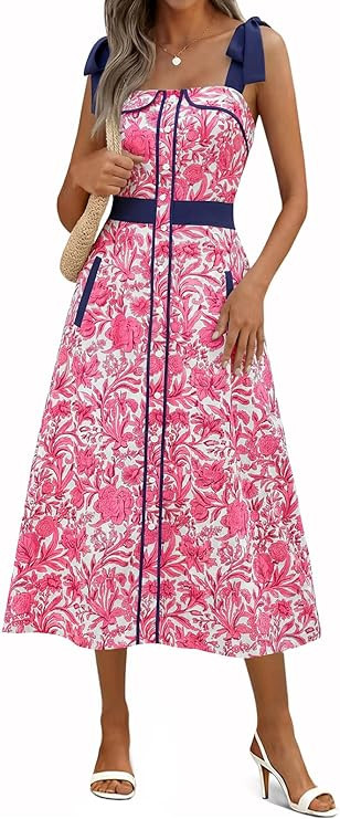 Wenrine Womens Summer Floral Midi Dress Casual Tie Strap Sleeveless Smocked Button Boho Flowy Bea... | Amazon (US)