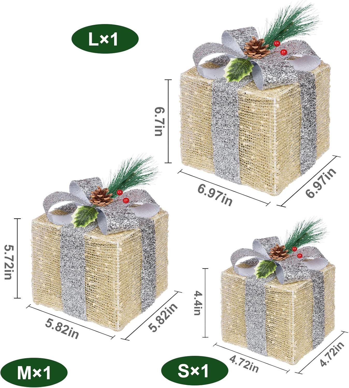 Christmas Lighted Gift Boxes, Pre-lit Lights Gold Linen Cloth Gift Boxes, Light up Present Boxes ... | Amazon (US)