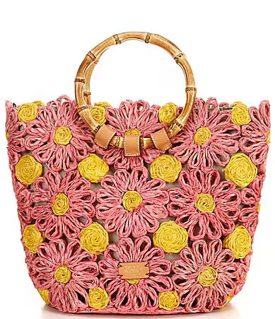 FRANCES VALENTINE Flora Raffia Bamboo Statement Handle Tote Bag - Pink/Yellow | Dillard's
